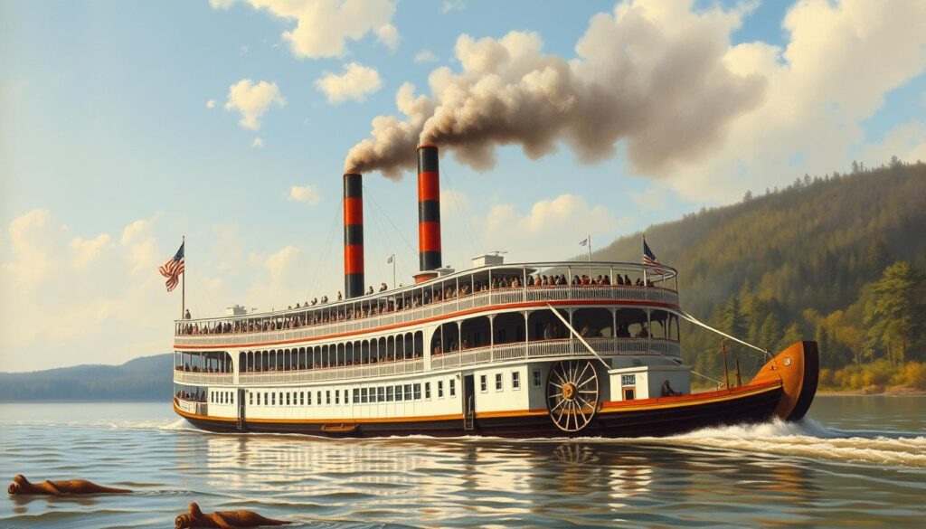 A steamboat navigating the Mississippi River in the 1850s with passengers on deck