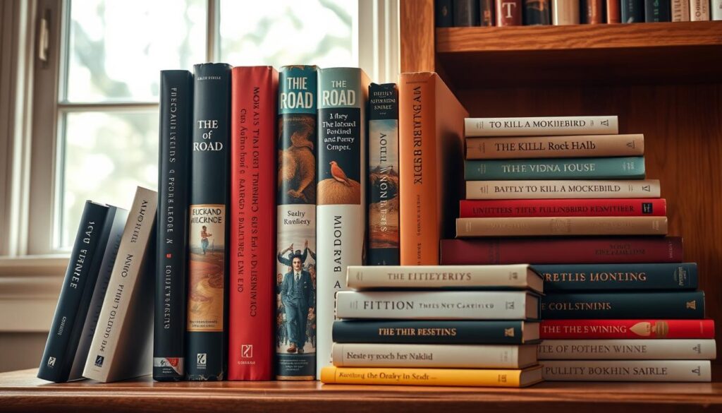 Collection of Pulitzer Prize fiction books arranged on a wooden bookshelf