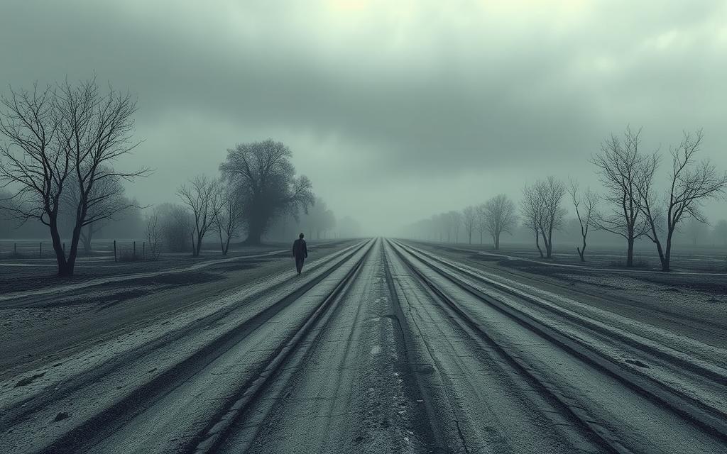 Dark, post-apocalyptic scene from The Road by Cormac McCarthy Dark, post-apocalyptic scene from The Road by Cormac McCarthy
