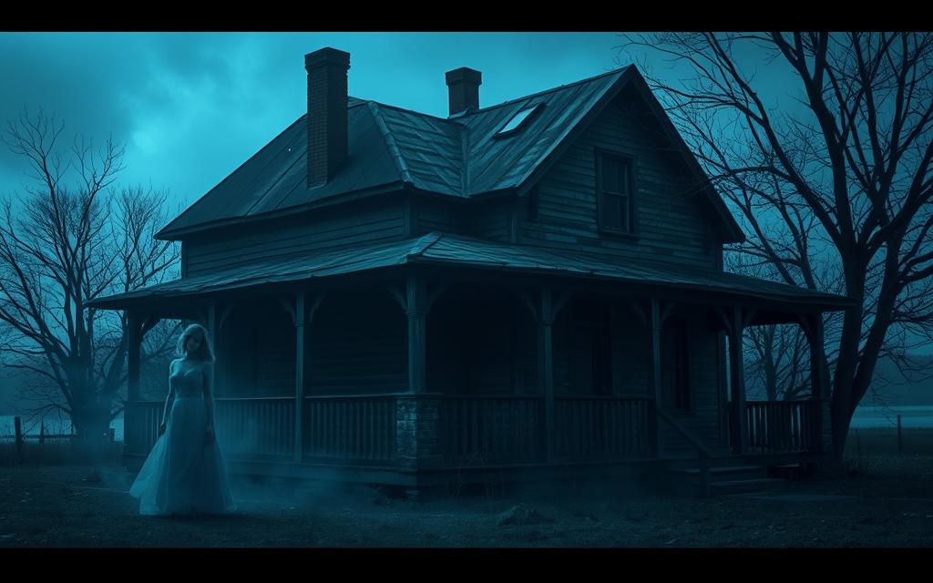 Ghostly figure near an old house representing Beloved by Toni Morrison Ghostly figure near an old house representing Beloved by Toni Morrison