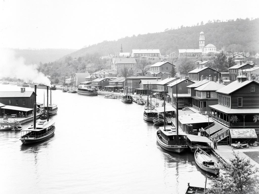 Historic photograph of Hannibal, Missouri along the Mississippi River in the 1840s