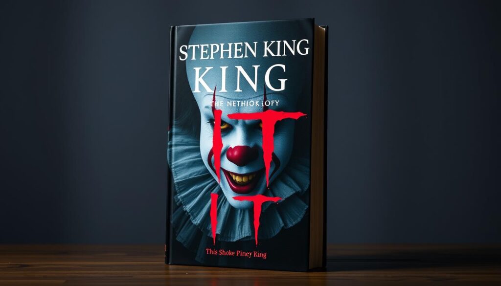 IT by Stephen King book cover showing Pennywise the Clown peering through darkness