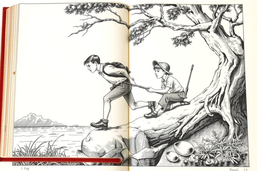 Illustration from first edition of The Adventures of Tom Sawyer showing Tom and Huck