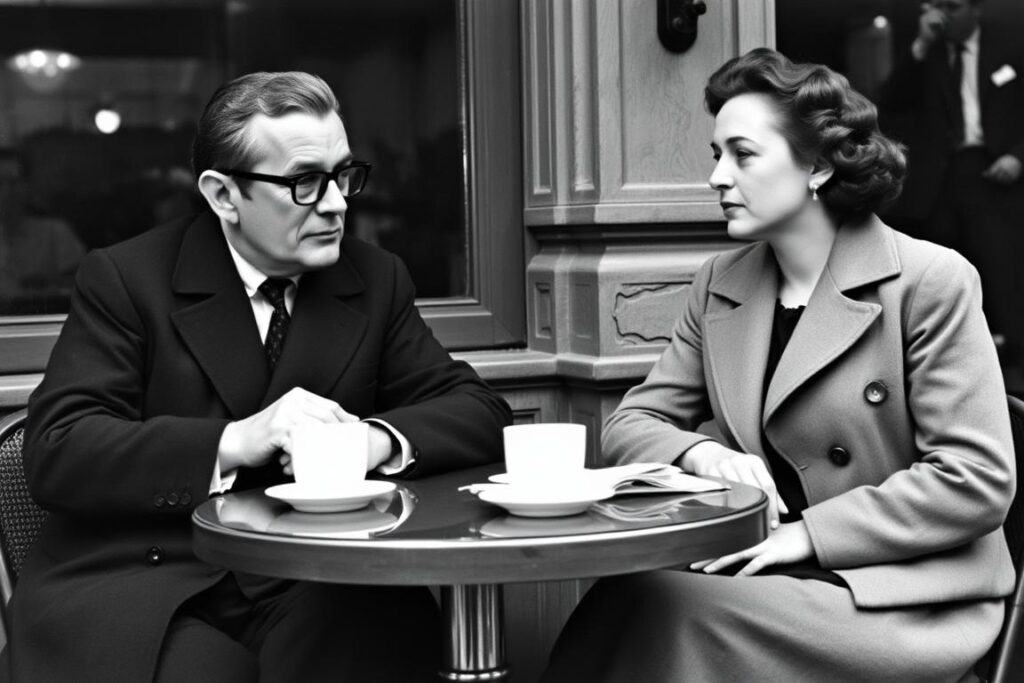 Jean Paul Sartre and Simone de Beauvoir sitting together at Café de Flore