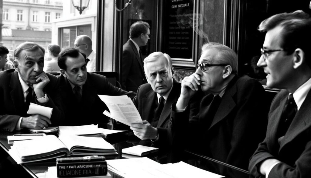 Jean Paul Sartre engaged in philosophical discussion with colleagues
