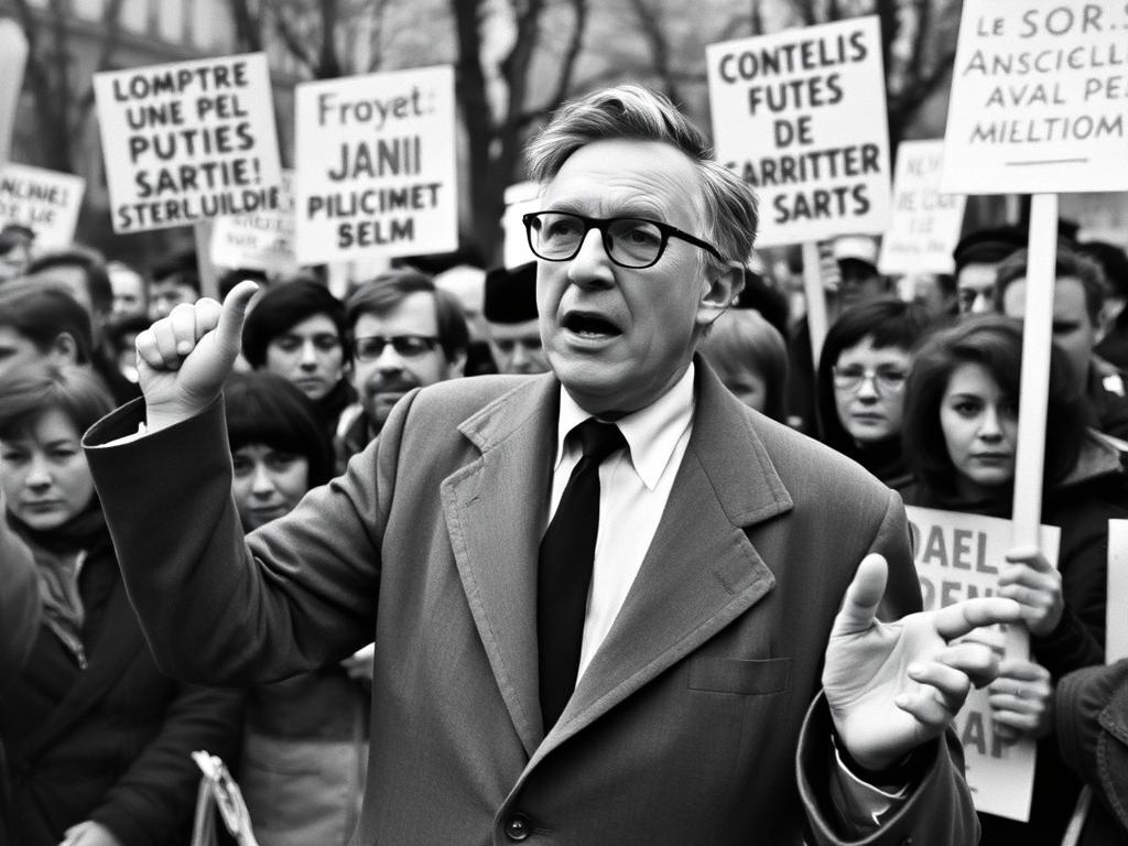 Jean Paul Sartre speaking at a political rally in the 1960s