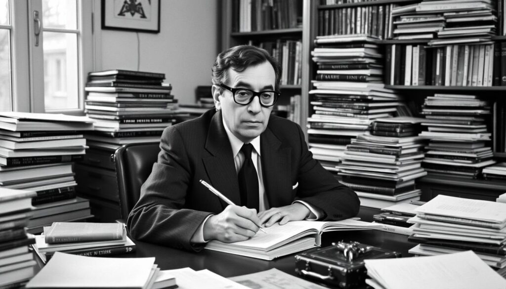 Jean Paul Sartre writing at his desk surrounded by books and papers