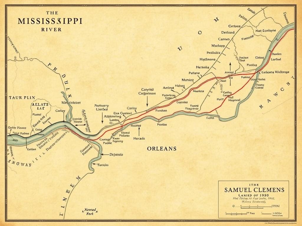 Map of the Mississippi River showing the routes Samuel Clemens navigated as a riverboat pilot