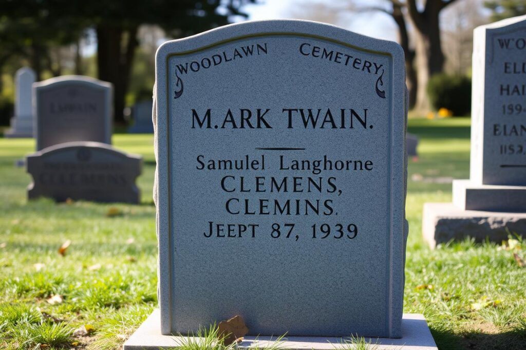 Mark Twain's grave in Woodlawn Cemetery, Elmira, New York