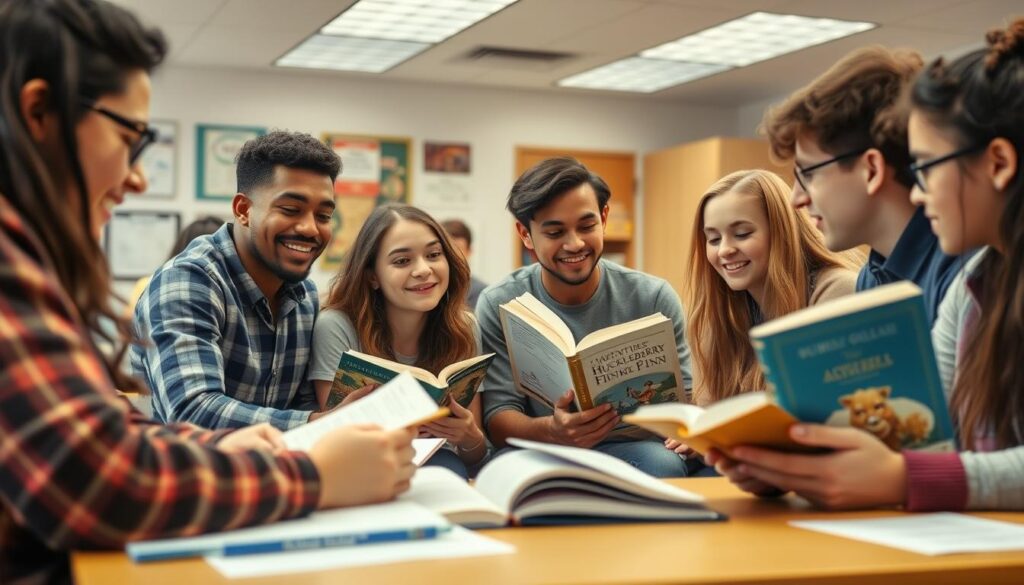 Modern high school students reading and discussing Adventures of Huckleberry Finn in class
