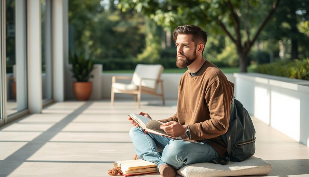 Modern person practicing Stoic principles in a contemporary setting Modern person practicing Stoic principles in a contemporary setting