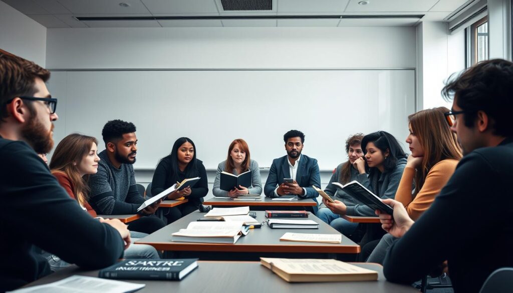 Modern university students studying Sartre's works in a philosophy class