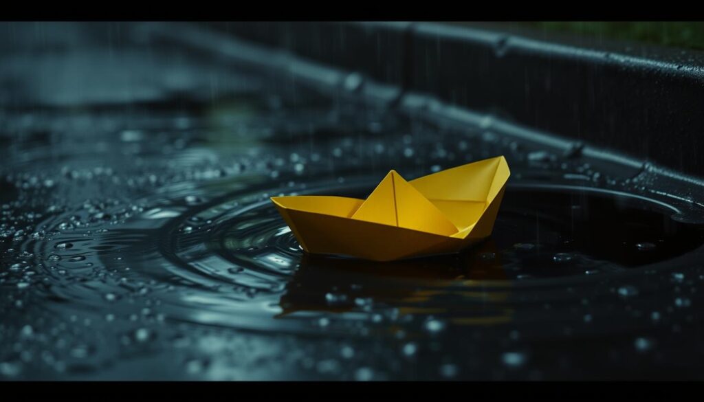 Paper boat floating in a storm drain - iconic scene from IT by Stephen King