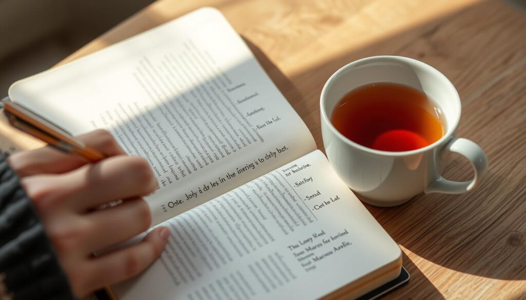 Person practicing Stoic journaling with quotes from Marcus Aurelius visible Person practicing Stoic journaling with quotes from Marcus Aurelius visible