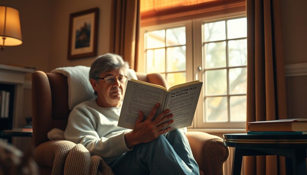 Person reading a Pulitzer Prize-winning book in a comfortable reading nook Person reading a Pulitzer Prize-winning book in a comfortable reading nook
