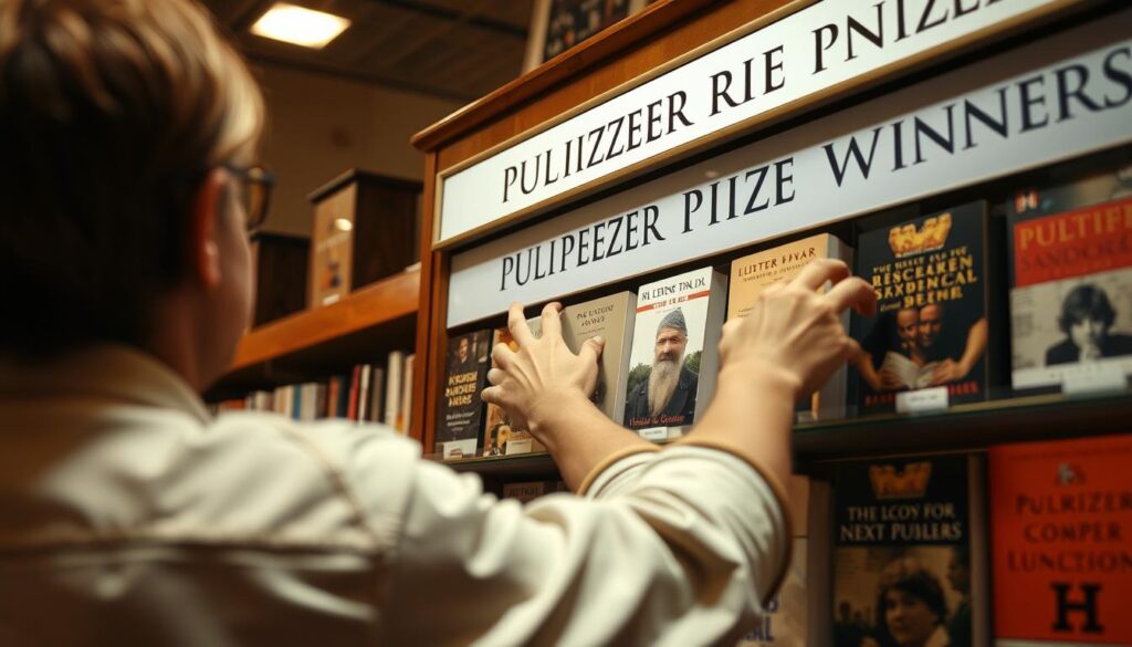 Person selecting a Pulitzer Prize book from a bookstore shelf Person selecting a Pulitzer Prize book from a bookstore shelf