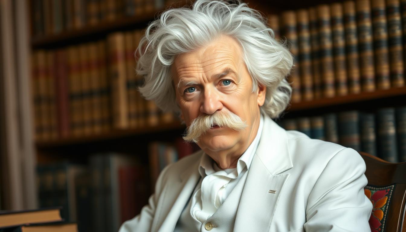 Portrait of Mark Twain in his signature white suit with wild hair and mustache
