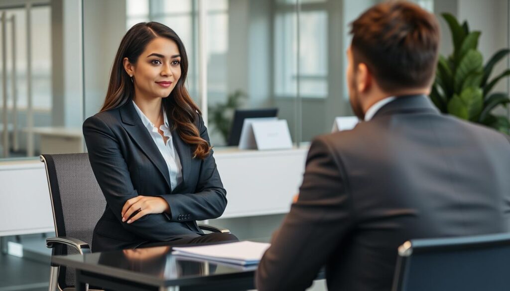 Professional woman confidently negotiating salary in office setting