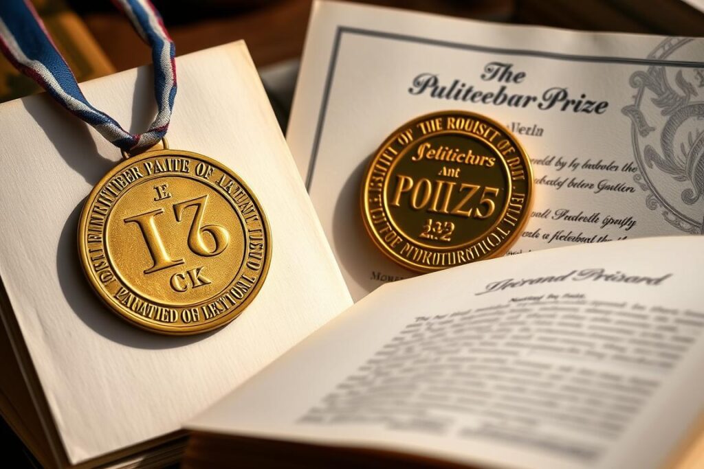 Pulitzer Prize medal and certificate next to open books Pulitzer Prize medal and certificate next to open books