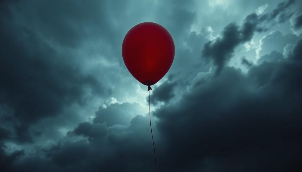 Red balloon floating against stormy sky - symbolic image from IT by Stephen King