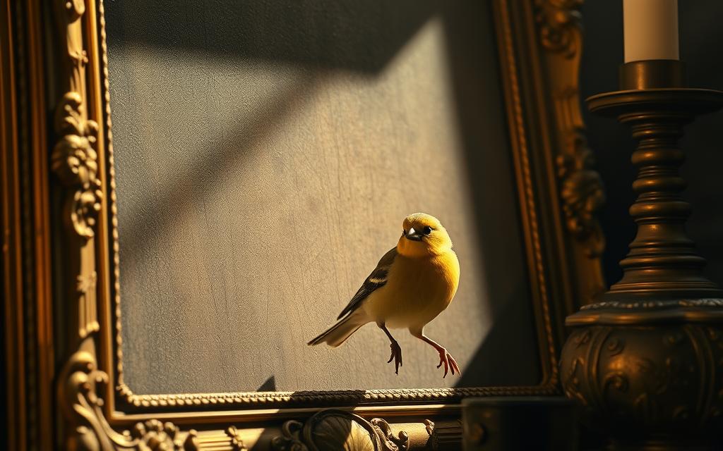 Small goldfinch bird perched near an antique frame, representing The Goldfinch novel Small goldfinch bird perched near an antique frame, representing The Goldfinch novel