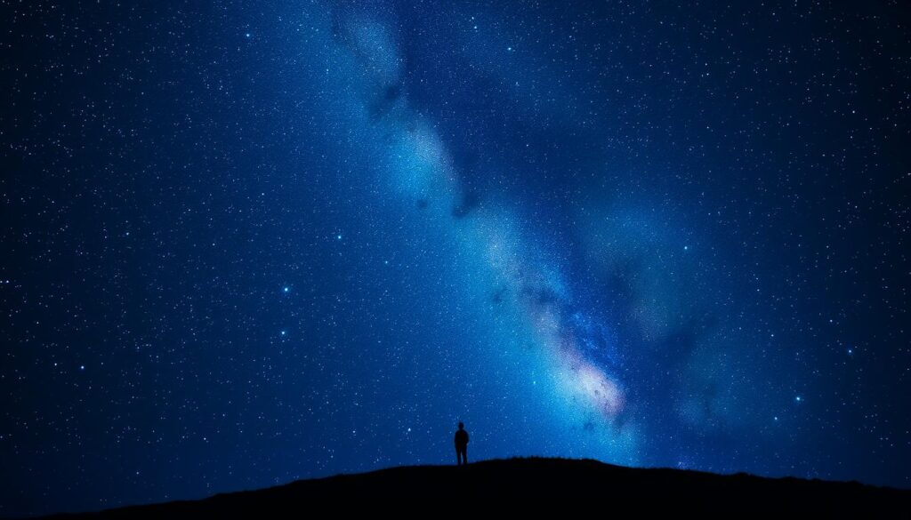 Starry night sky with silhouette of person looking up, representing the themes of Atmosphere