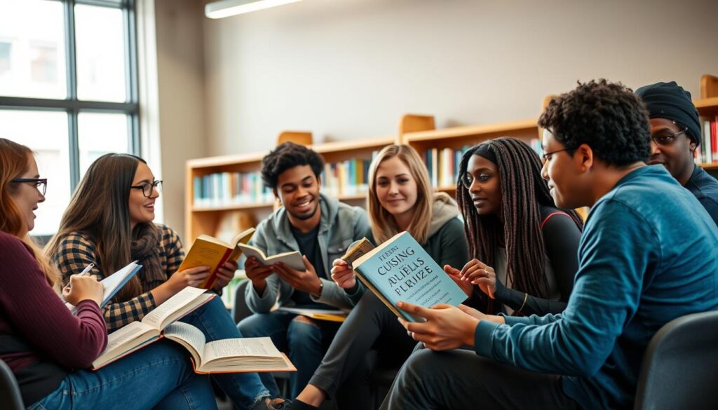 Students discussing a Pulitzer Prize book in a classroom setting Students discussing a Pulitzer Prize book in a classroom setting