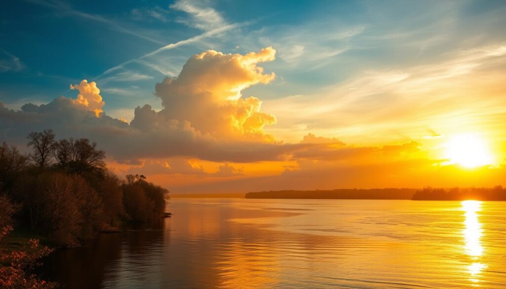Sunset over the Mississippi River reminiscent of scenes from Mark Twain's writings