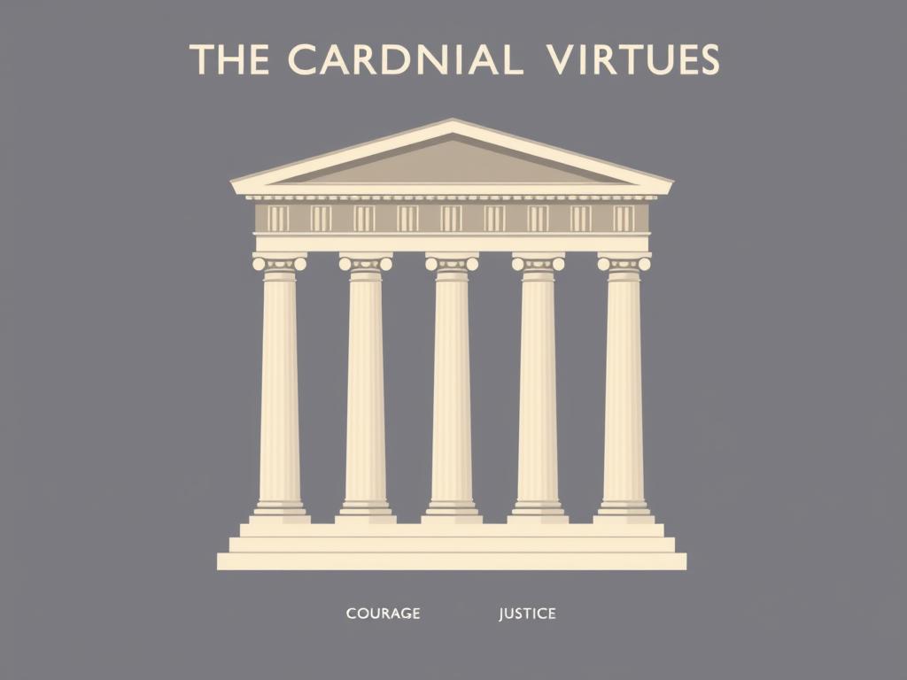 The four cardinal virtues of Stoic philosophy: wisdom, courage, justice, and temperance The four cardinal virtues of Stoic philosophy: wisdom, courage, justice, and temperance