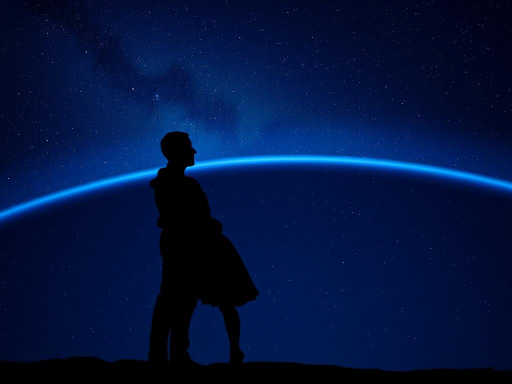 Two silhouettes against a starry sky, representing the novel's love story