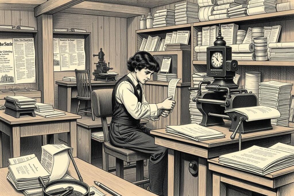 Young Samuel Clemens working as a printer's apprentice at a newspaper press